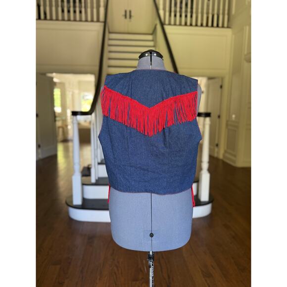 Plus Size 2X Vintage 80s 90s Blue Denim Red Fringe Cowgirl Rodeo Western Costume - Picture 5 of 8